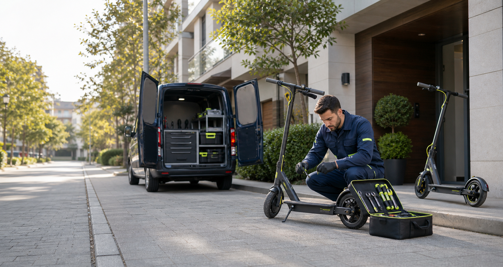 Müşterinin kapısında elektrikli scooter onarımı yapan profesyonel mobil servis